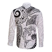 Aotearoa Maori Sea Animals Tribal Long Sleeve Button Shirt Manta Ray and Shark Moko Pattern White Color