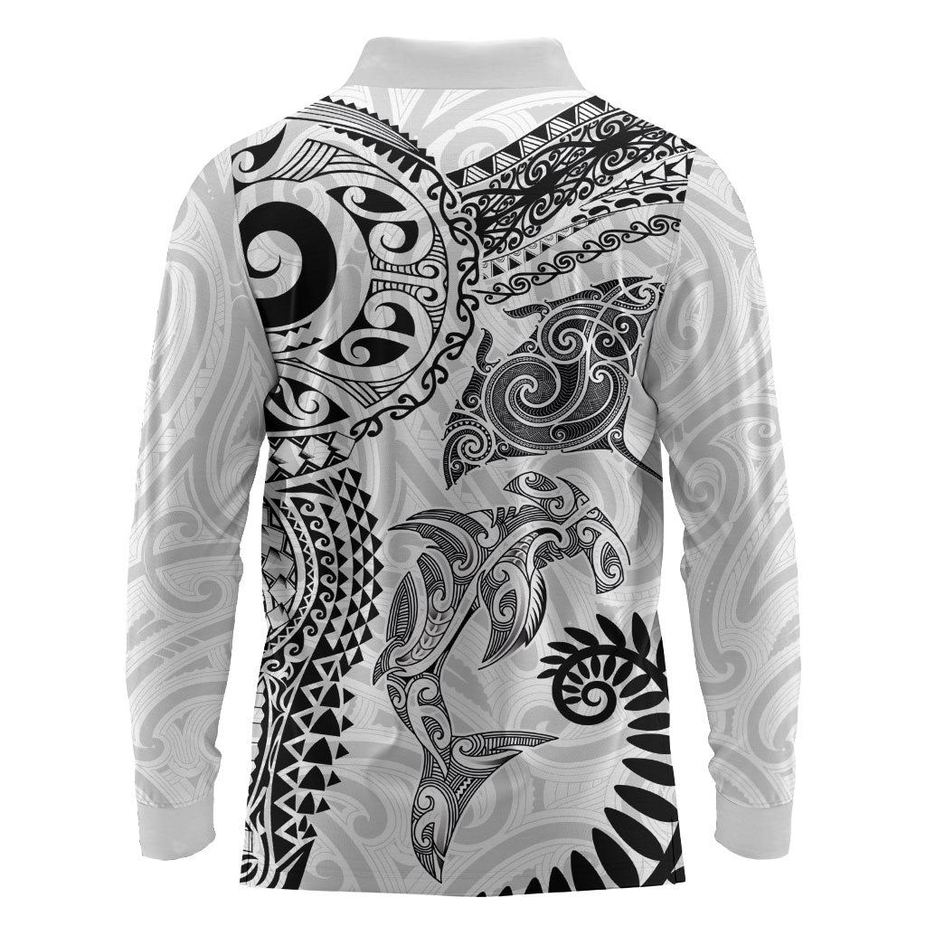 Aotearoa Maori Sea Animals Tribal Long Sleeve Polo Shirt Manta Ray and Shark Moko Pattern White Color LT03 - Polynesian Pride
