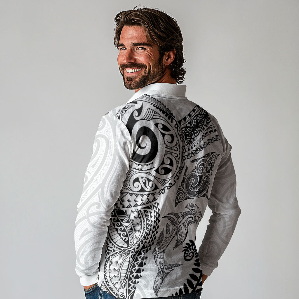 Aotearoa Maori Sea Animals Tribal Long Sleeve Polo Shirt Manta Ray and Shark Moko Pattern White Color LT03 - Polynesian Pride