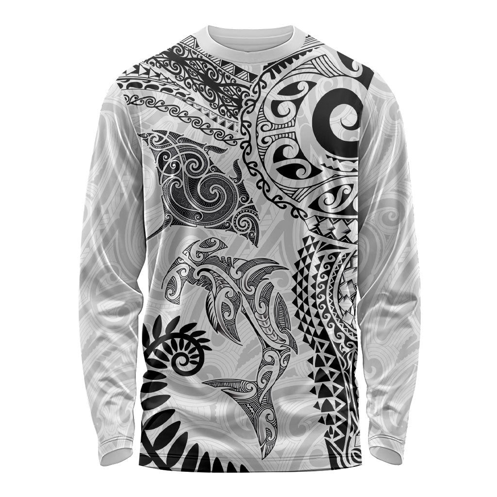 Aotearoa Maori Sea Animals Tribal Long Sleeve Shirt Manta Ray and Shark Moko Pattern White Color
