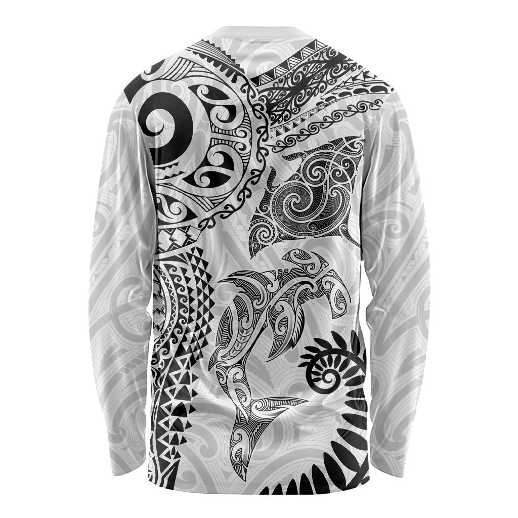 Aotearoa Maori Sea Animals Tribal Long Sleeve Shirt Manta Ray and Shark Moko Pattern White Color LT03 - Polynesian Pride
