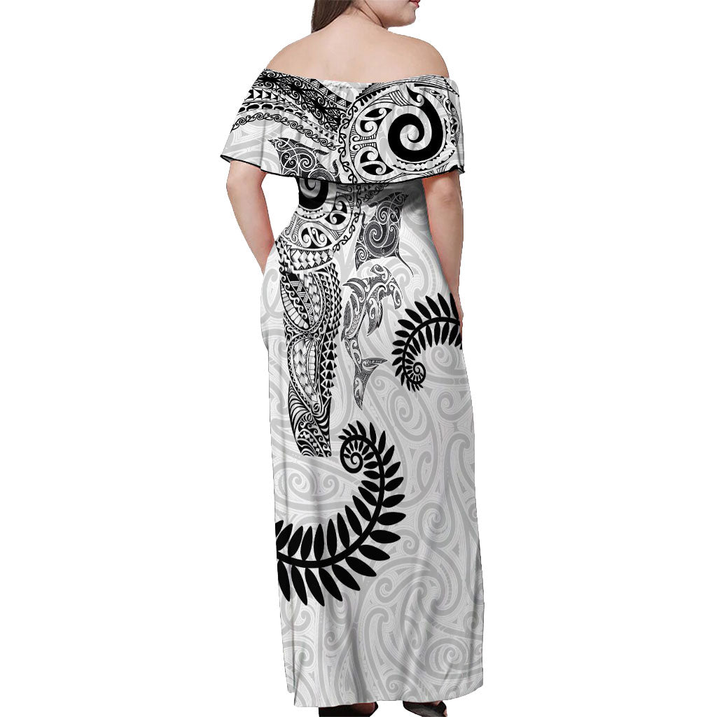 Aotearoa Maori Sea Animals Tribal Off Shoulder Maxi Dress Manta Ray and Shark Moko Pattern White Color LT03 - Polynesian Pride
