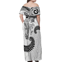 Aotearoa Maori Sea Animals Tribal Off Shoulder Maxi Dress Manta Ray and Shark Moko Pattern White Color LT03 - Polynesian Pride