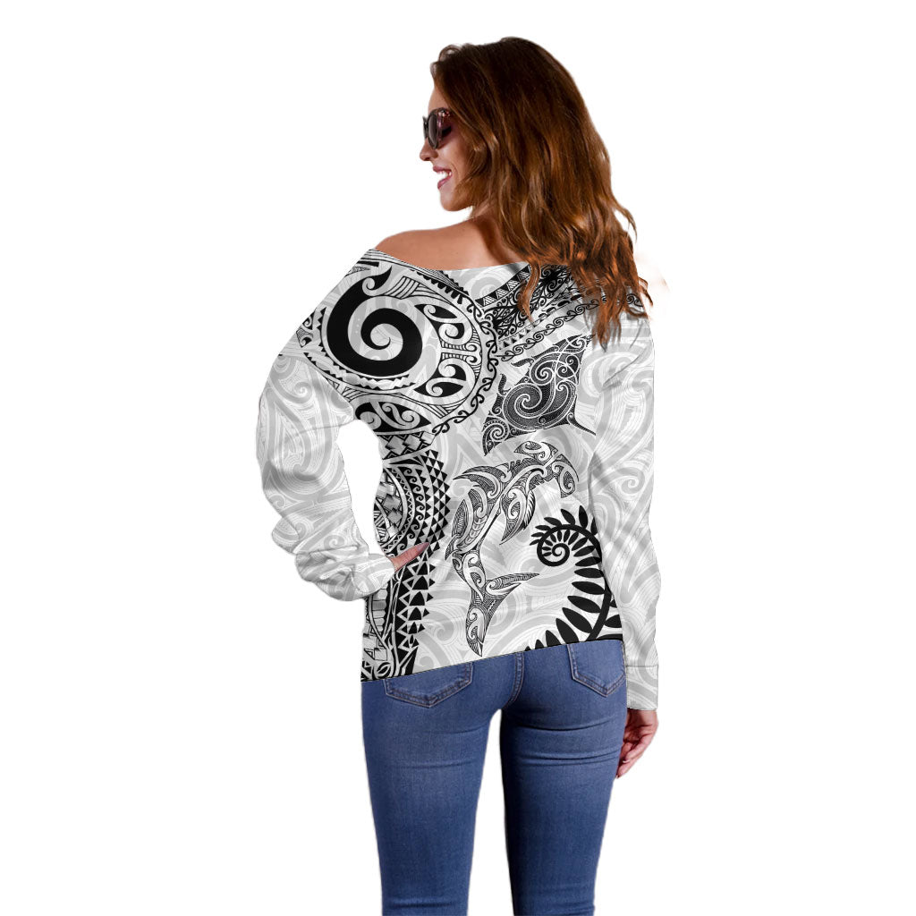 Aotearoa Maori Sea Animals Tribal Off Shoulder Sweater Manta Ray and Shark Moko Pattern White Color
