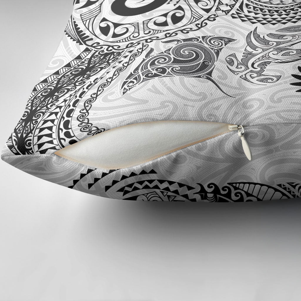 Aotearoa Maori Sea Animals Tribal Pillow Cover Manta Ray and Shark Moko Pattern White Color
