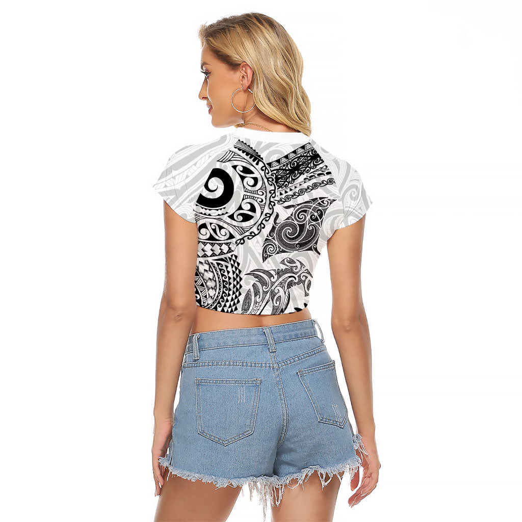Aotearoa Maori Sea Animals Tribal Raglan Cropped T Shirt Manta Ray and Shark Moko Pattern White Color LT03 - Polynesian Pride