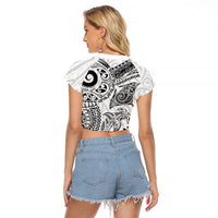 Aotearoa Maori Sea Animals Tribal Raglan Cropped T Shirt Manta Ray and Shark Moko Pattern White Color LT03 - Polynesian Pride
