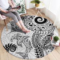 Aotearoa Maori Sea Animals Tribal Round Carpet Manta Ray and Shark Moko Pattern White Color