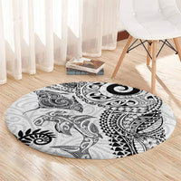 Aotearoa Maori Sea Animals Tribal Round Carpet Manta Ray and Shark Moko Pattern White Color
