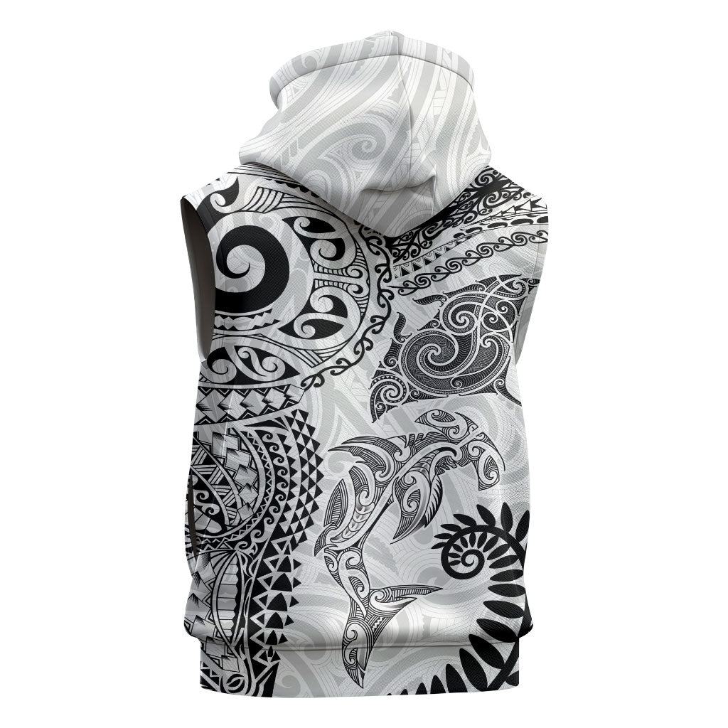 Aotearoa Maori Sea Animals Tribal Sleeveless Hoodie Manta Ray and Shark Moko Pattern White Color LT03 - Polynesian Pride