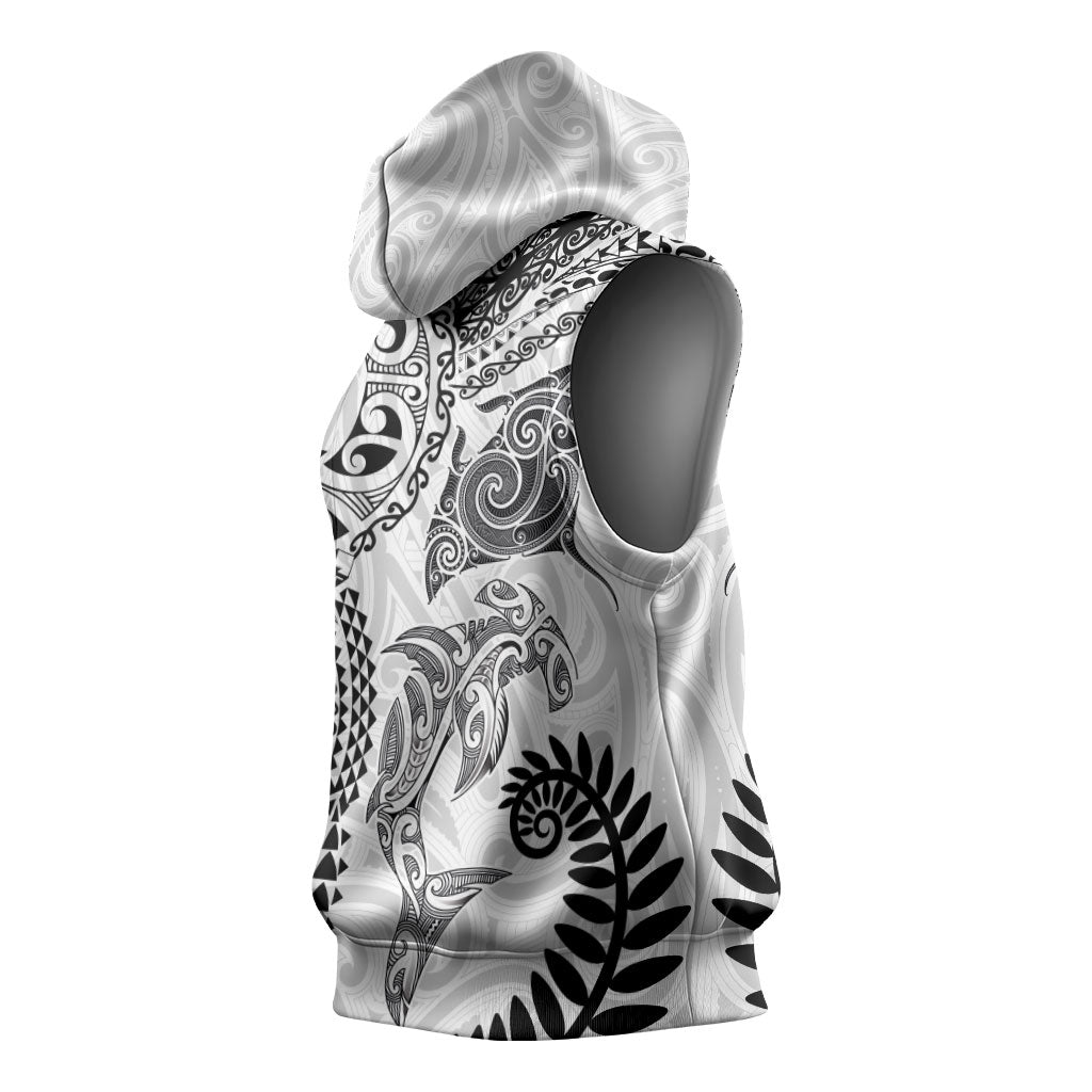 Aotearoa Maori Sea Animals Tribal Sleeveless Hoodie Manta Ray and Shark Moko Pattern White Color LT03 - Polynesian Pride