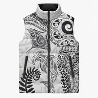 Aotearoa Maori Sea Animals Tribal Sleeveless Puffer Jacket Manta Ray and Shark Moko Pattern White Color