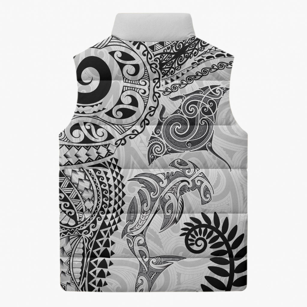 Aotearoa Maori Sea Animals Tribal Sleeveless Puffer Jacket Manta Ray and Shark Moko Pattern White Color