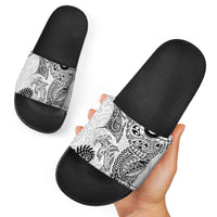 Aotearoa Maori Sea Animals Tribal Slide Sandals Manta Ray and Shark Moko Pattern White Color