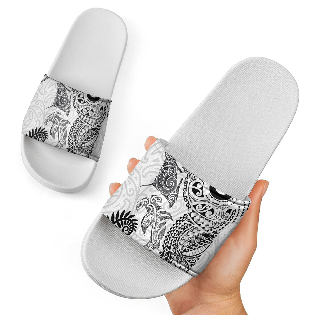 Aotearoa Maori Sea Animals Tribal Slide Sandals Manta Ray and Shark Moko Pattern White Color