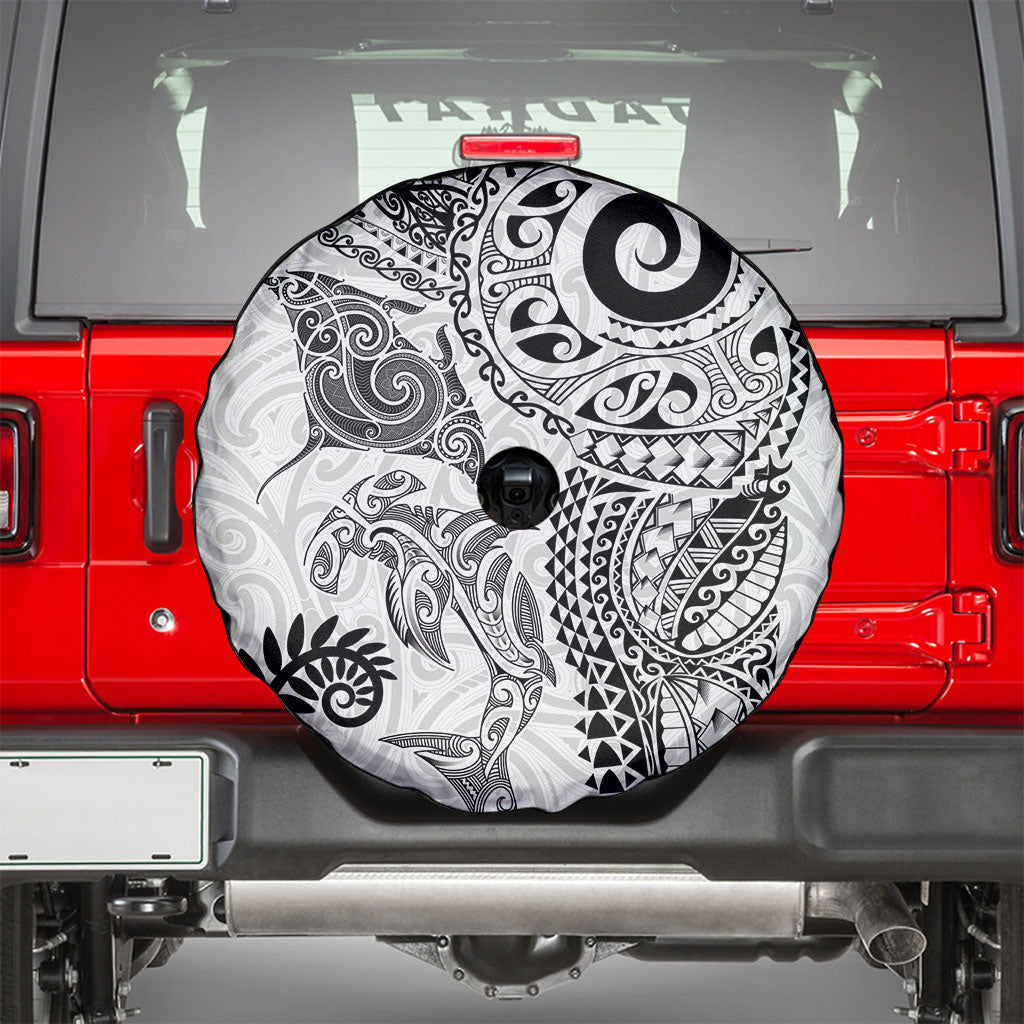Aotearoa Maori Sea Animals Tribal Spare Tire Cover Manta Ray and Shark Moko Pattern White Color LT03 - Polynesian Pride