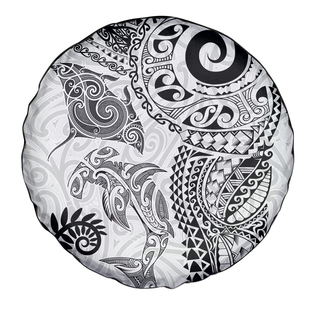 Aotearoa Maori Sea Animals Tribal Spare Tire Cover Manta Ray and Shark Moko Pattern White Color LT03 - Polynesian Pride