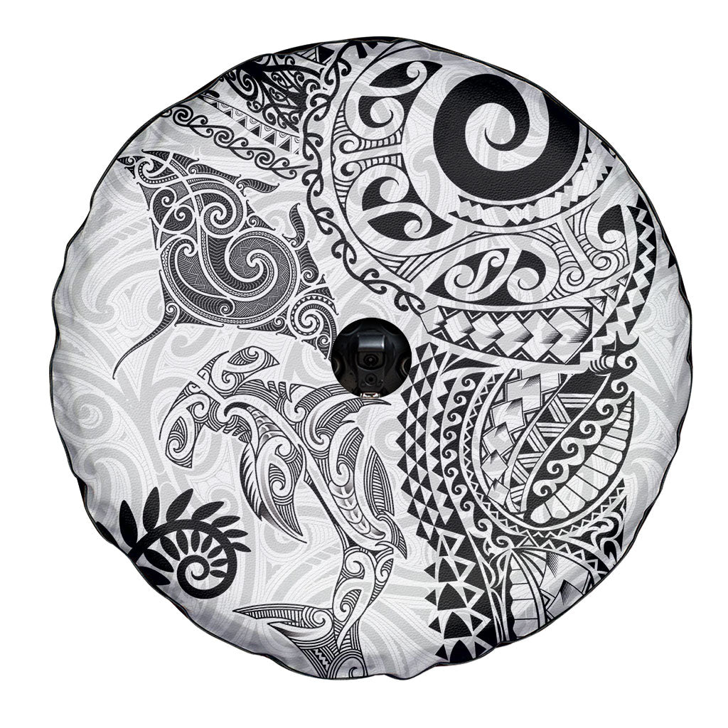 Aotearoa Maori Sea Animals Tribal Spare Tire Cover Manta Ray and Shark Moko Pattern White Color LT03 - Polynesian Pride