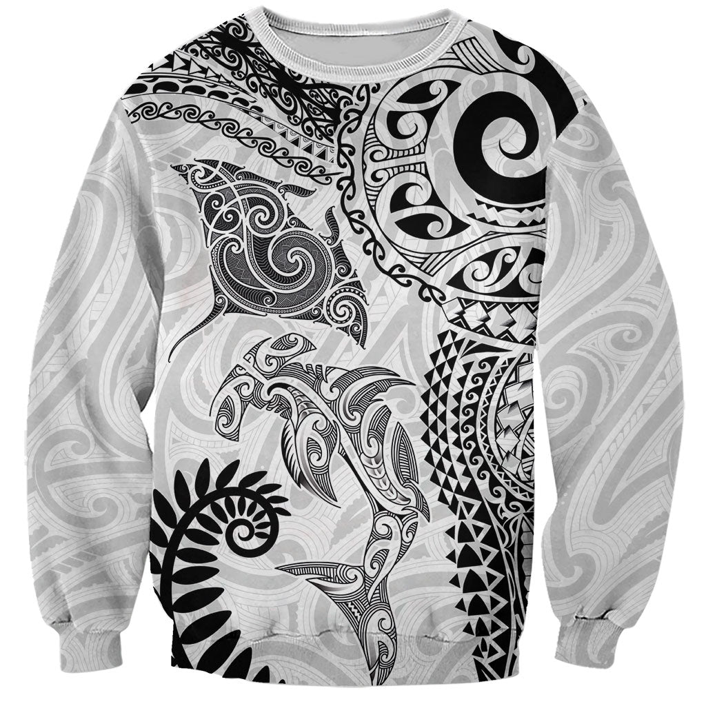 Aotearoa Maori Sea Animals Tribal Sweatshirt Manta Ray and Shark Moko Pattern White Color
