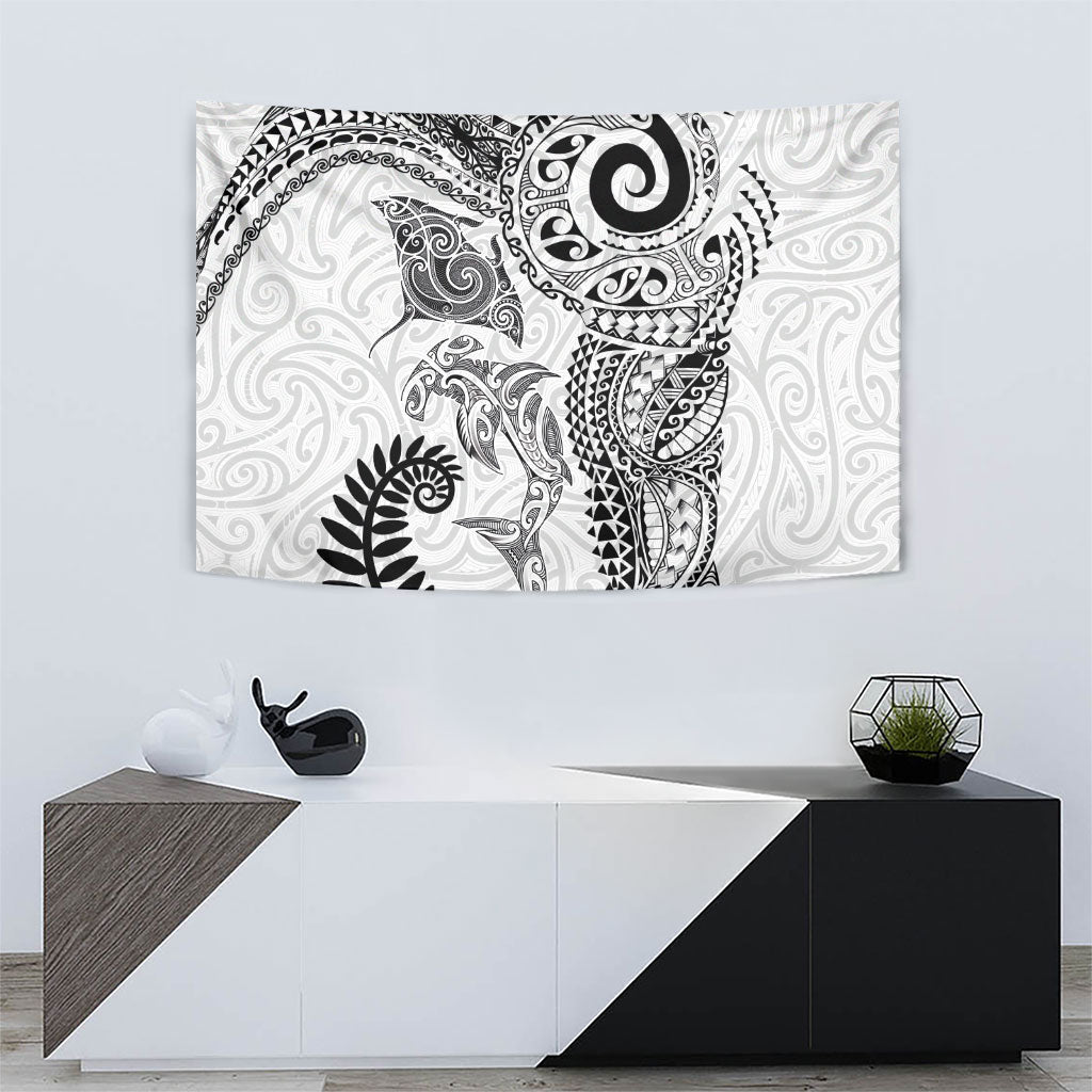 Aotearoa Maori Sea Animals Tribal Tapestry Manta Ray and Shark Moko Pattern White Color