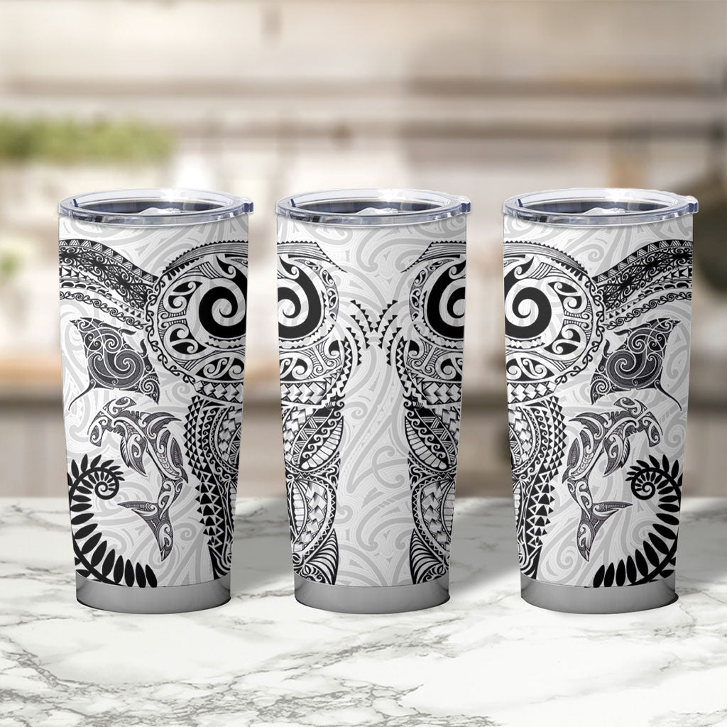 Aotearoa Maori Sea Animals Tribal Tumbler Cup Manta Ray and Shark Moko Pattern White Color LT03 - Polynesian Pride