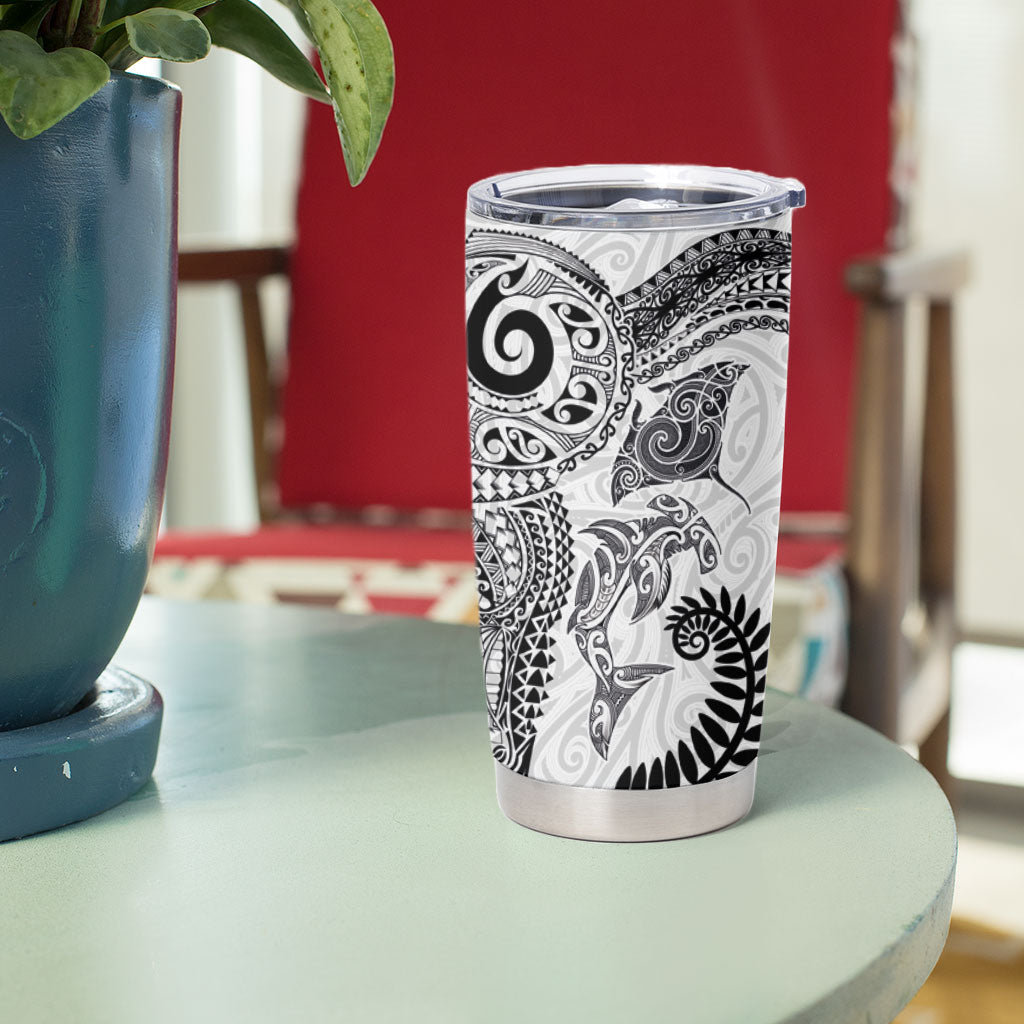 Aotearoa Maori Sea Animals Tribal Tumbler Cup Manta Ray and Shark Moko Pattern White Color LT03 - Polynesian Pride