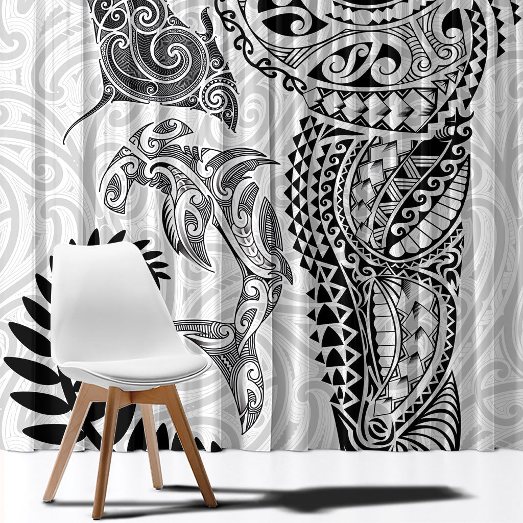 Aotearoa Maori Sea Animals Tribal Window Curtain Manta Ray and Shark Moko Pattern White Color