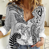 Aotearoa Maori Sea Animals Tribal Women Casual Shirt Manta Ray and Shark Moko Pattern White Color LT03 Female White - Polynesian Pride