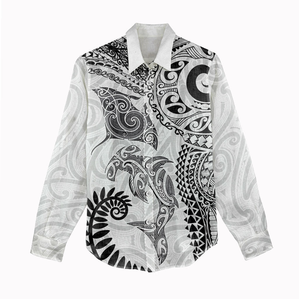 Aotearoa Maori Sea Animals Tribal Women Casual Shirt Manta Ray and Shark Moko Pattern White Color LT03 - Polynesian Pride
