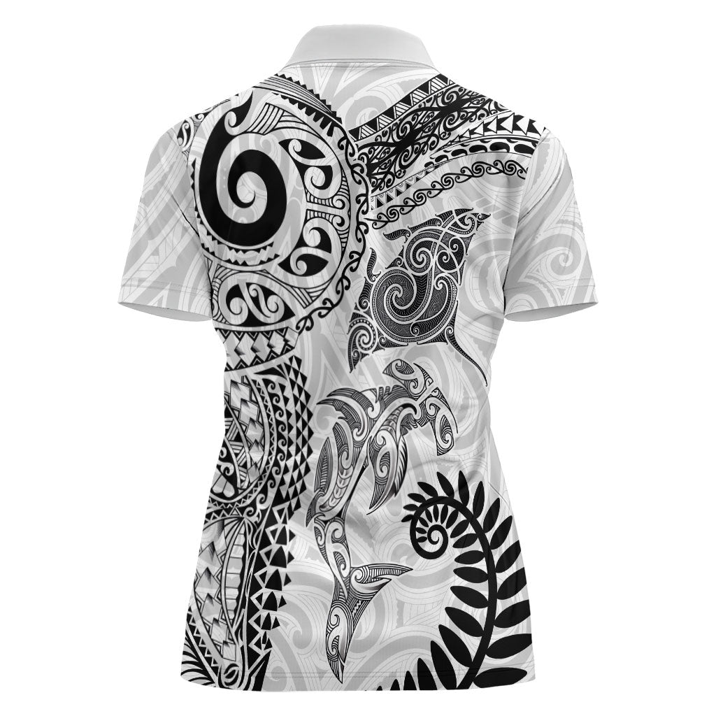 Aotearoa Maori Sea Animals Tribal Women Polo Shirt Manta Ray and Shark Moko Pattern White Color LT03 - Polynesian Pride