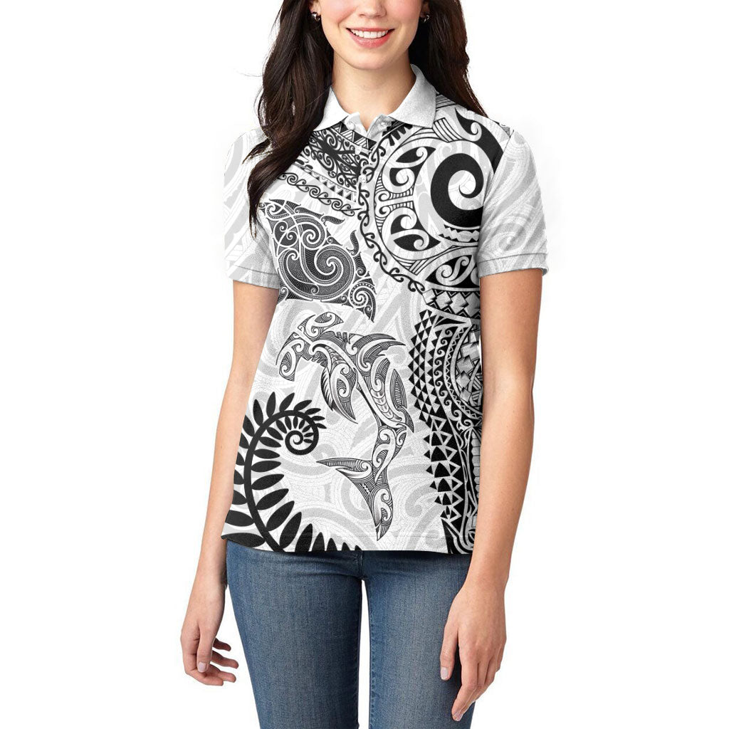 Aotearoa Maori Sea Animals Tribal Women Polo Shirt Manta Ray and Shark Moko Pattern White Color LT03 - Polynesian Pride