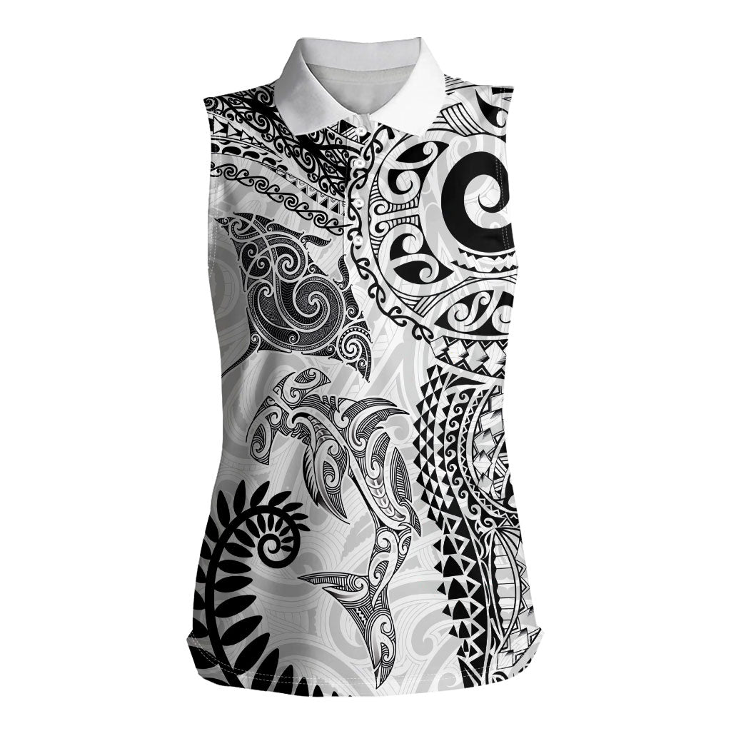 Aotearoa Maori Sea Animals Tribal Women Sleeveless Polo Shirt Manta Ray and Shark Moko Pattern White Color LT03 Female White - Polynesian Pride