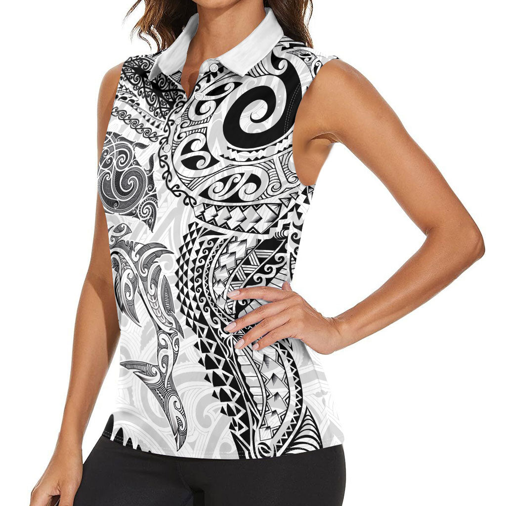 Aotearoa Maori Sea Animals Tribal Women Sleeveless Polo Shirt Manta Ray and Shark Moko Pattern White Color LT03 - Polynesian Pride