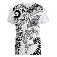 Aotearoa Maori Sea Animals Tribal Women V-Neck T-Shirt Manta Ray and Shark Moko Pattern White Color LT03 - Polynesian Pride