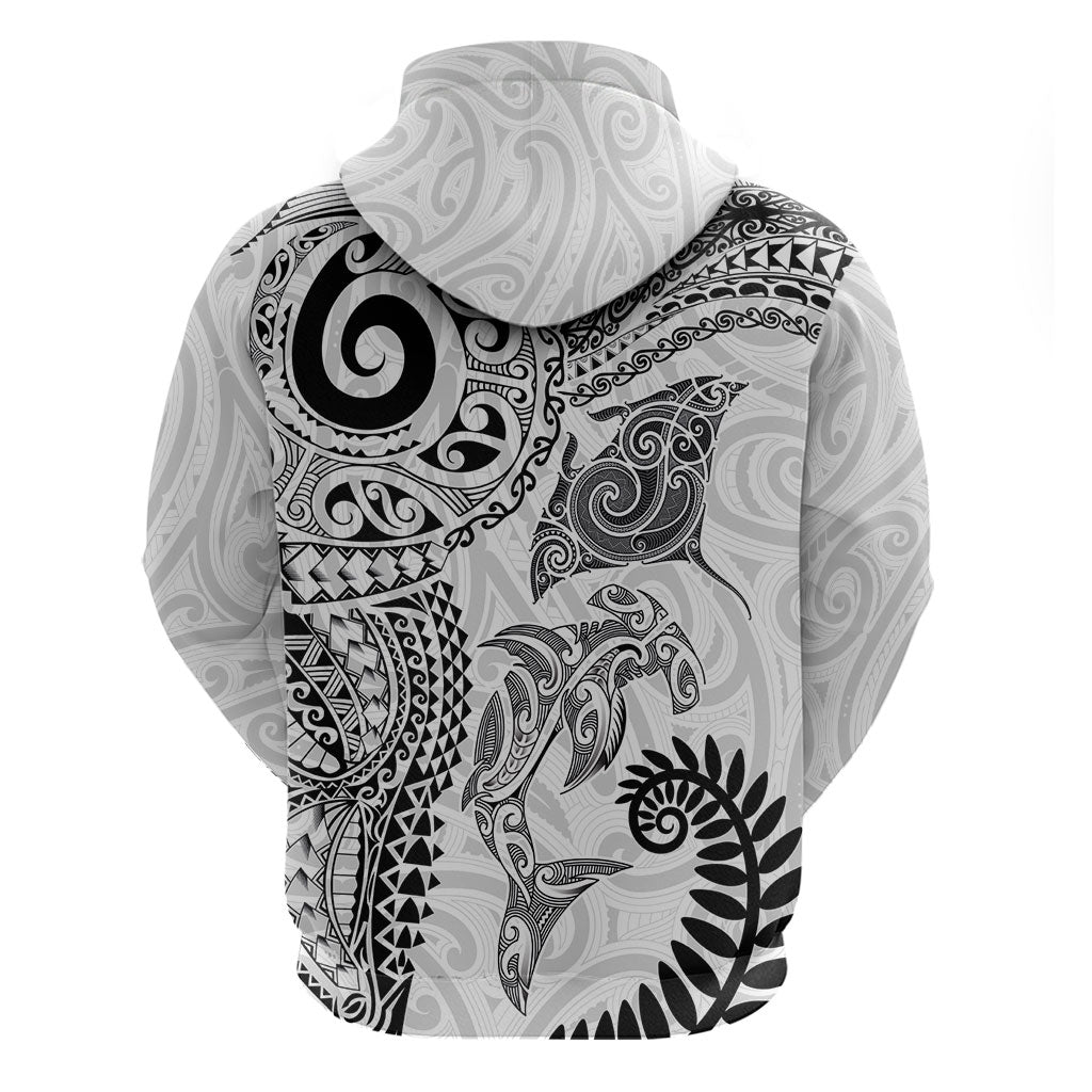 Aotearoa Maori Sea Animals Tribal Zip Hoodie Manta Ray and Shark Moko Pattern White Color LT03 - Polynesian Pride