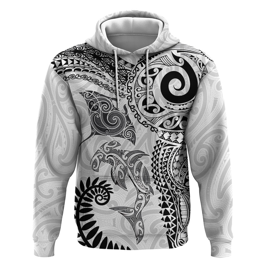 Aotearoa Maori Sea Animals Tribal Zip Hoodie Manta Ray and Shark Moko Pattern White Color LT03 Pullover Hoodie White - Polynesian Pride