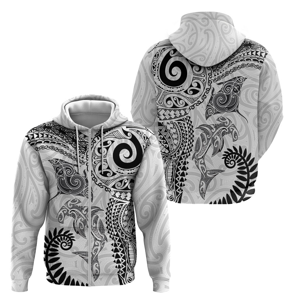 Aotearoa Maori Sea Animals Tribal Zip Hoodie Manta Ray and Shark Moko Pattern White Color LT03 - Polynesian Pride