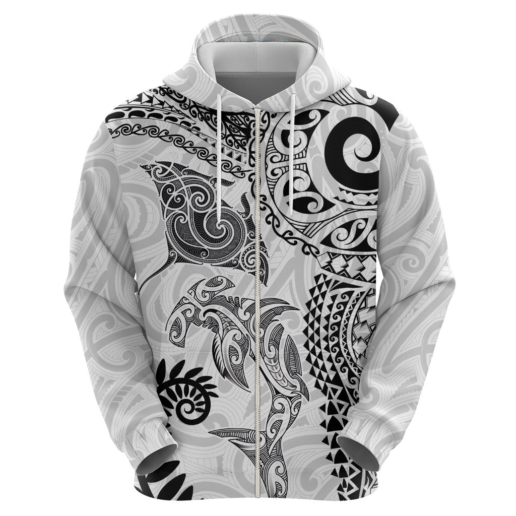 Aotearoa Maori Sea Animals Tribal Zip Hoodie Manta Ray and Shark Moko Pattern White Color LT03 - Polynesian Pride
