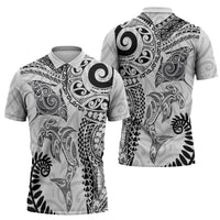 Aotearoa Maori Sea Animals Tribal Zipper Polo Shirt Manta Ray and Shark Moko Pattern White Color LT03 - Polynesian Pride