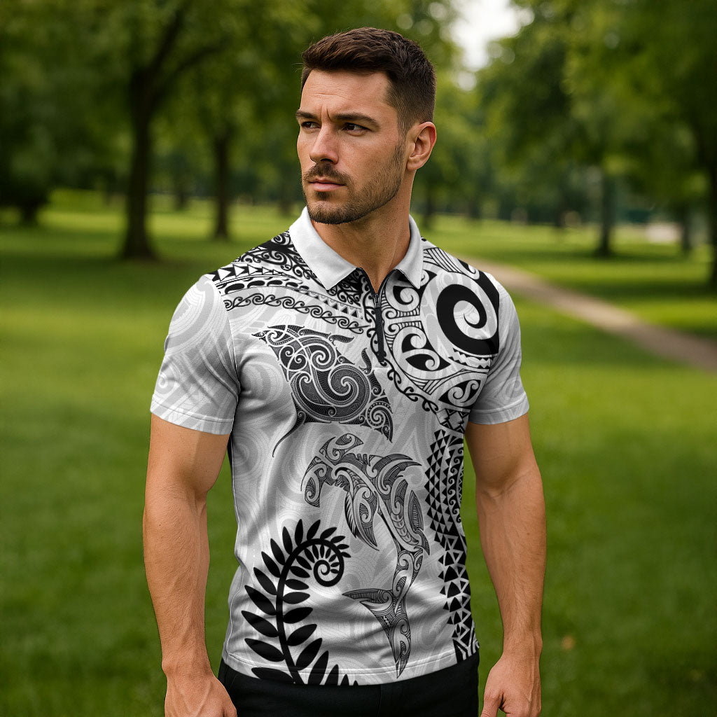 Aotearoa Maori Sea Animals Tribal Zipper Polo Shirt Manta Ray and Shark Moko Pattern White Color LT03 - Polynesian Pride