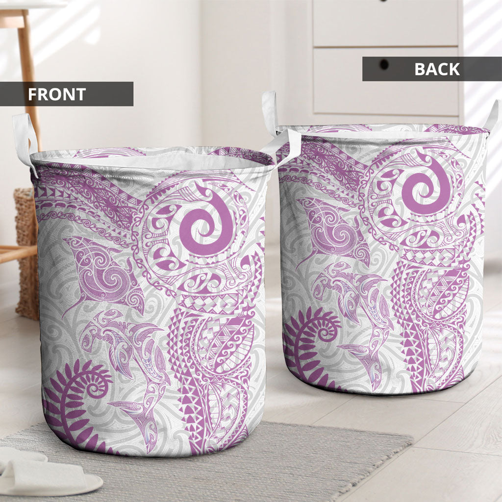 Aotearoa Maori Sea Animals Tribal Laundry Basket Manta Ray and Shark Moko Pattern Pink Color