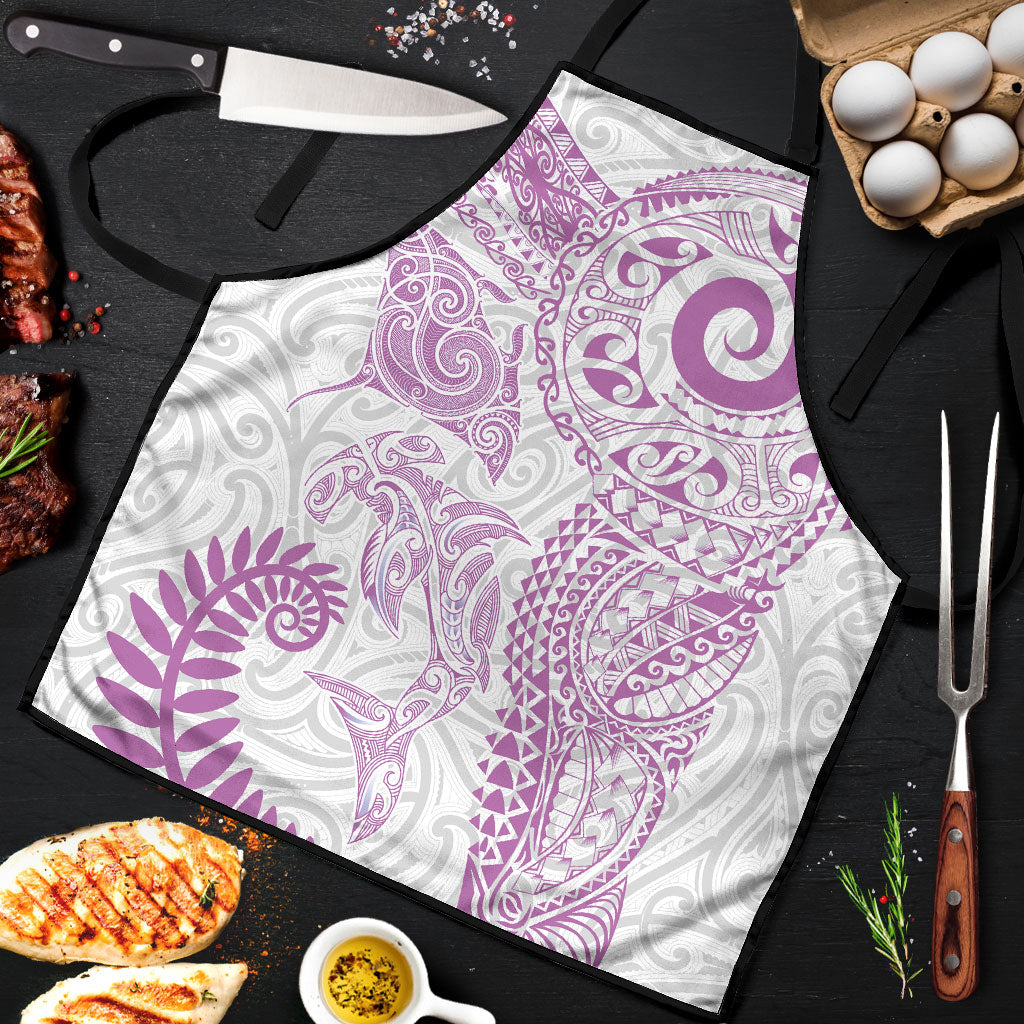 Aotearoa Maori Sea Animals Tribal Apron Manta Ray and Shark Moko Pattern Pink Color