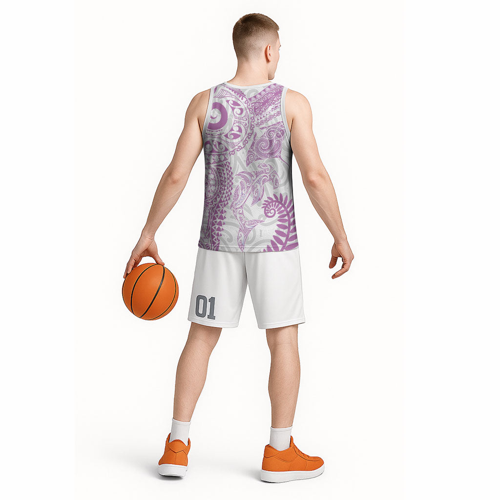 Aotearoa Maori Sea Animals Tribal Basketball Jersey Manta Ray and Shark Moko Pattern Pink Color LT03 - Polynesian Pride