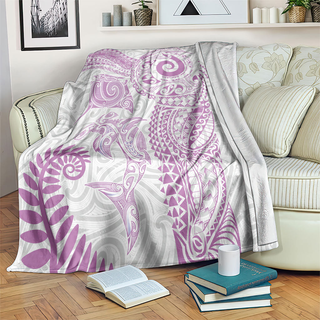 Aotearoa Maori Sea Animals Tribal Blanket Manta Ray and Shark Moko Pattern Pink Color