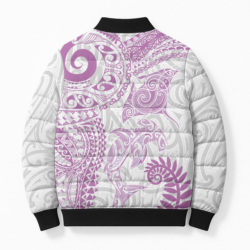 Aotearoa Maori Sea Animals Tribal Bomber Puffer Jacket Manta Ray and Shark Moko Pattern Pink Color