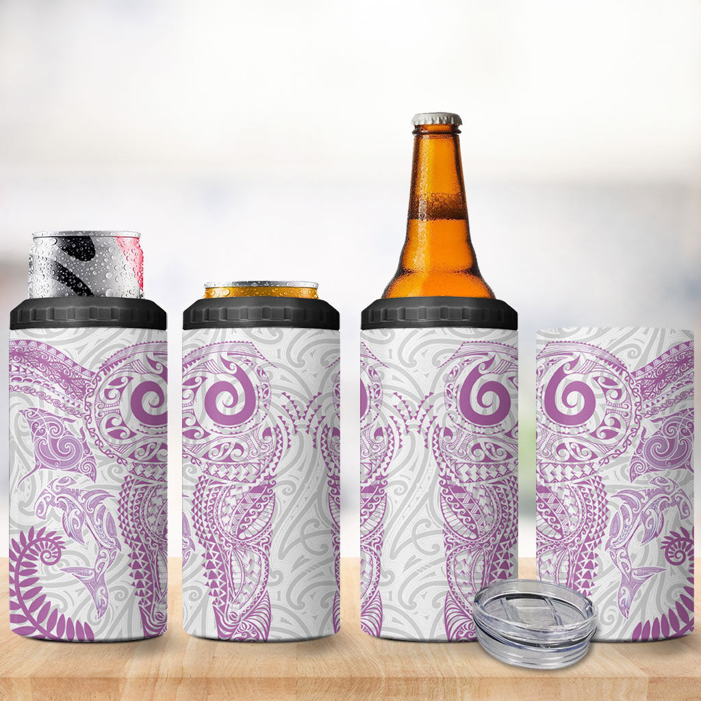 Aotearoa Maori Sea Animals Tribal 4 in 1 Can Cooler Tumbler Manta Ray and Shark Moko Pattern Pink Color LT03 - Polynesian Pride