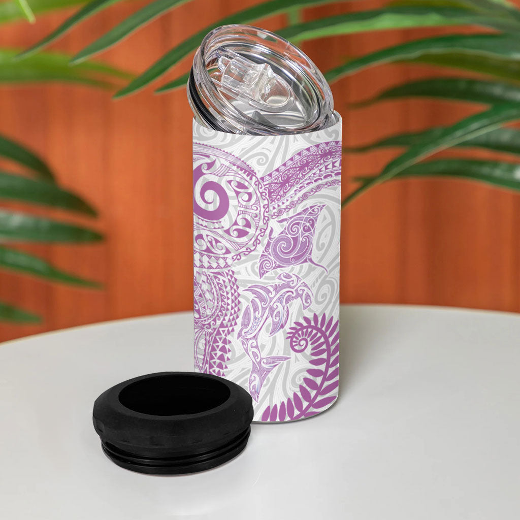 Aotearoa Maori Sea Animals Tribal 4 in 1 Can Cooler Tumbler Manta Ray and Shark Moko Pattern Pink Color LT03 - Polynesian Pride