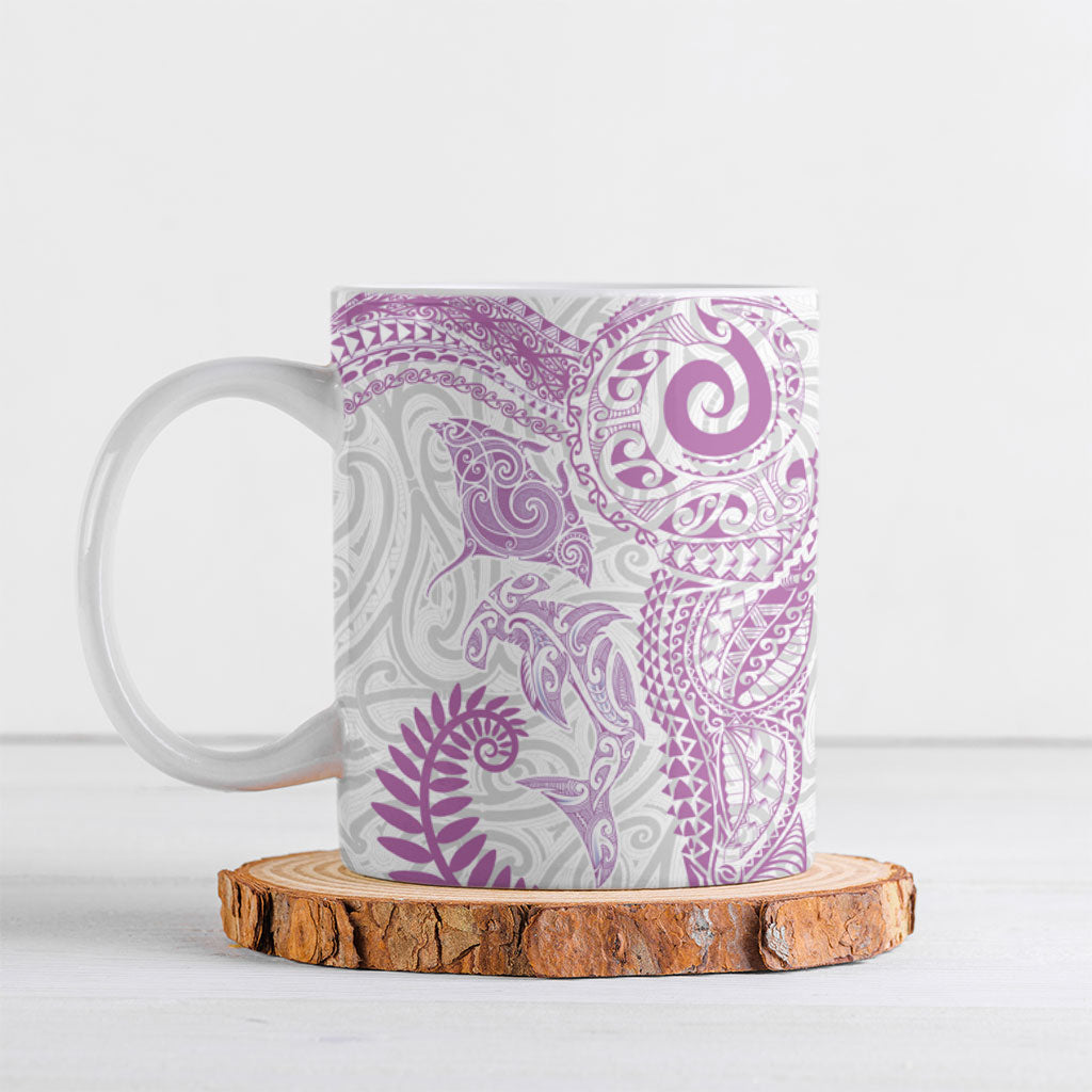 Aotearoa Maori Sea Animals Tribal Ceramic Mug Manta Ray and Shark Moko Pattern Pink Color