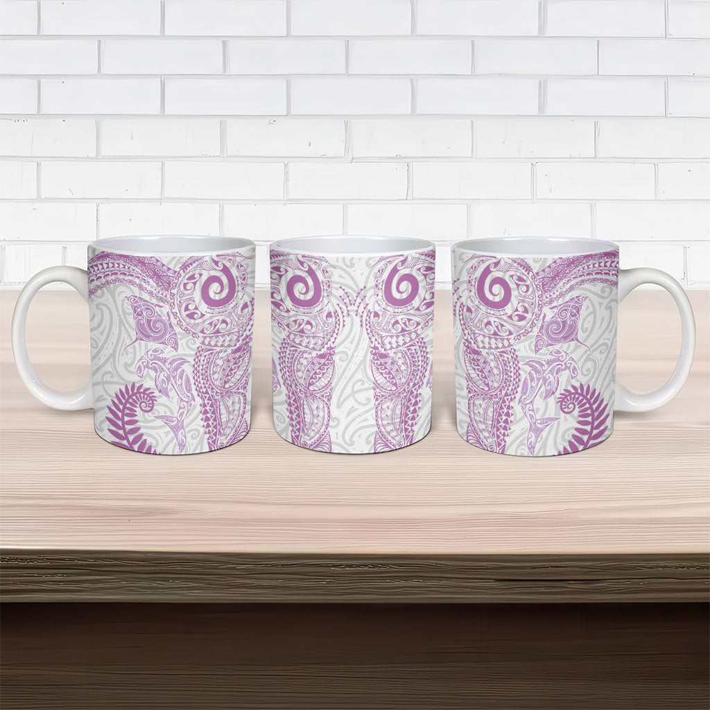 Aotearoa Maori Sea Animals Tribal Ceramic Mug Manta Ray and Shark Moko Pattern Pink Color