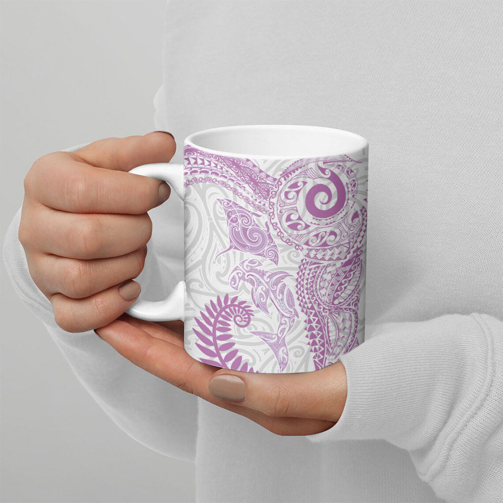 Aotearoa Maori Sea Animals Tribal Ceramic Mug Manta Ray and Shark Moko Pattern Pink Color